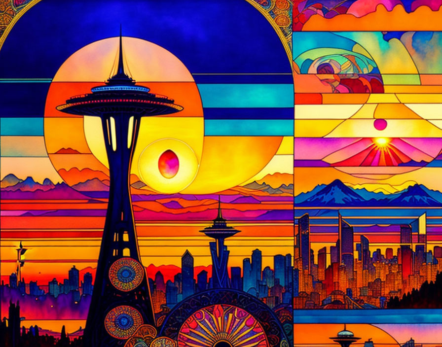 Colorful Seattle Skyline Artwork with Space Needle and Mountains