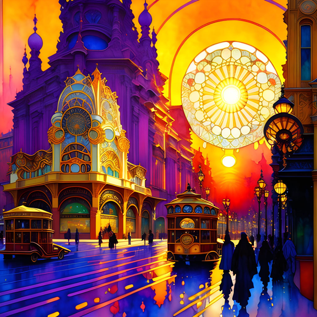 Fantastical city sunset illustration with ornate buildings and tram.