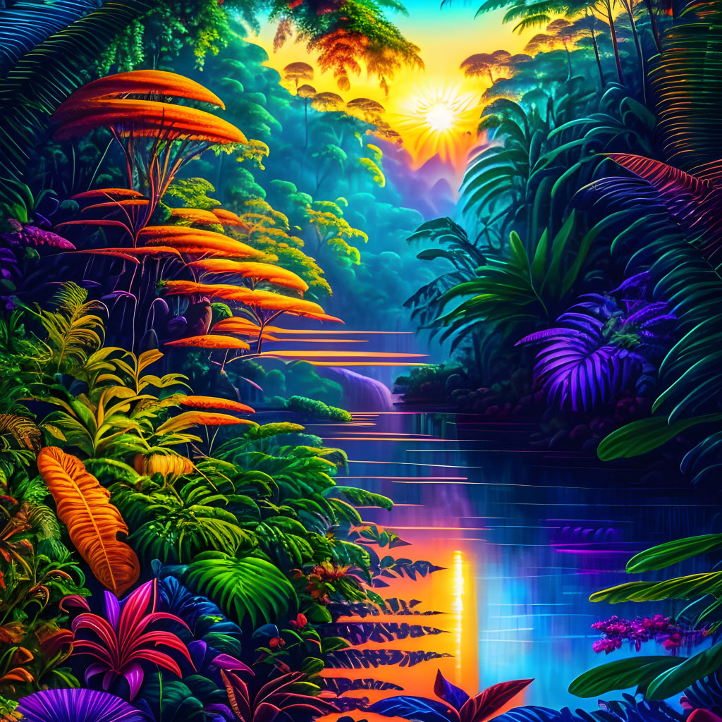 Lush Jungle Scene with Waterfall and River at Sunrise or Sunset