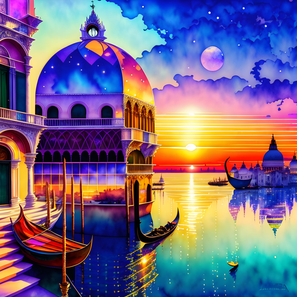 Colorful Venice-like scene: Gondolas, shimmering water, ornate building, sunset sky