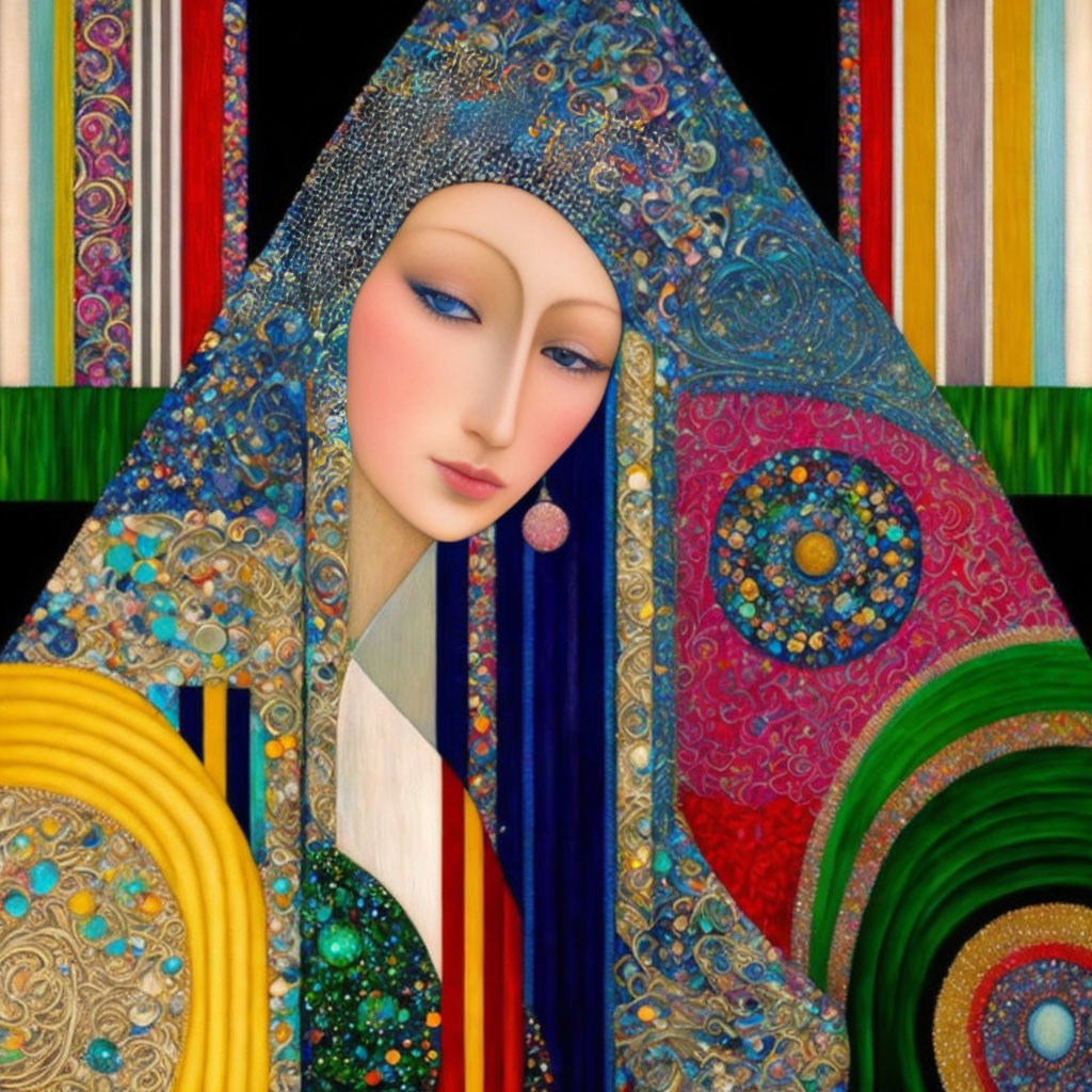 Colorful artwork featuring stylized female figure in ornate cloak surrounded by circular designs.