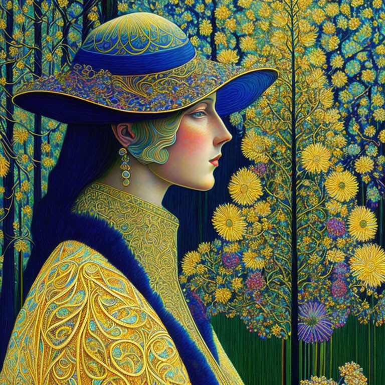 Illustration of woman in hat with Art Nouveau elements and floral patterns