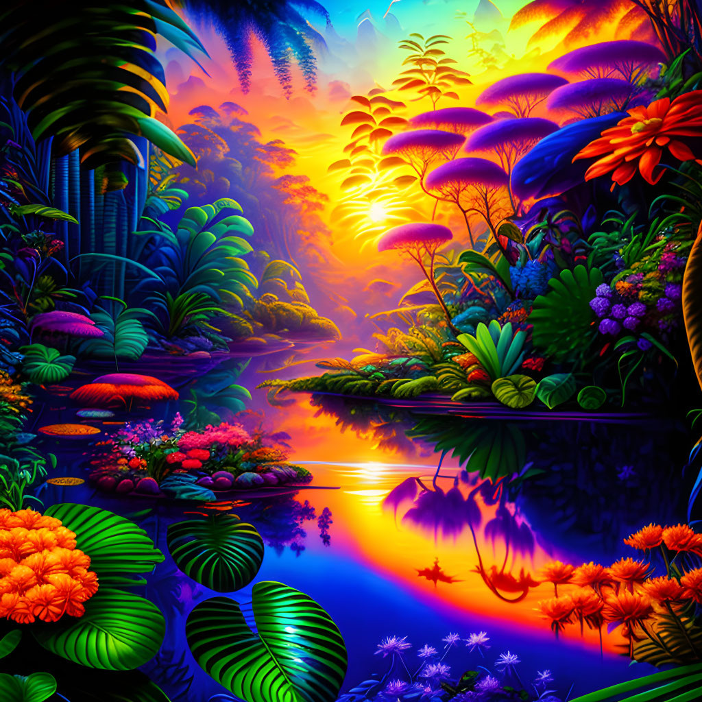 Lush Jungle Scene with Colorful Vegetation and Tranquil River