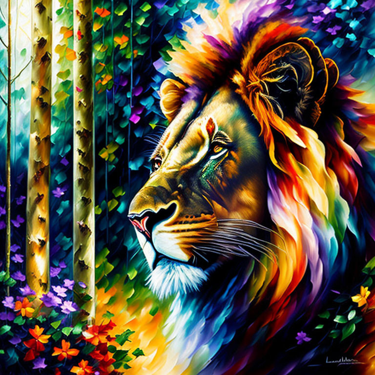 Vibrant lion with multicolored mane in stylized forest setting