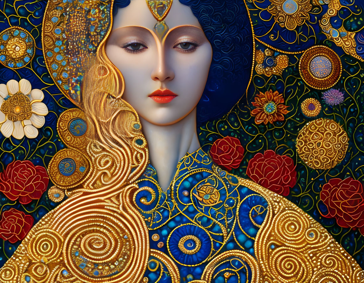 Detailed digital art: Woman with gold ornate patterns and flowers reminiscent of Gustav Klimt.