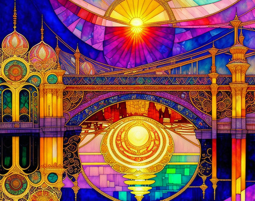 Colorful stained glass artwork featuring intricate patterns and shining sun.