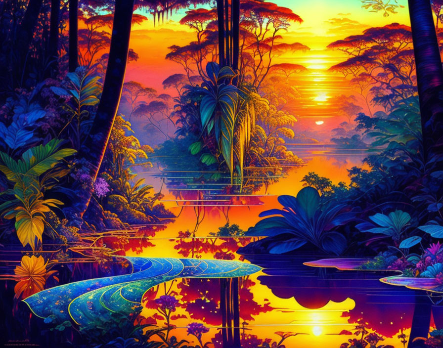 Colorful Sunset Reflecting on River in Tropical Jungle