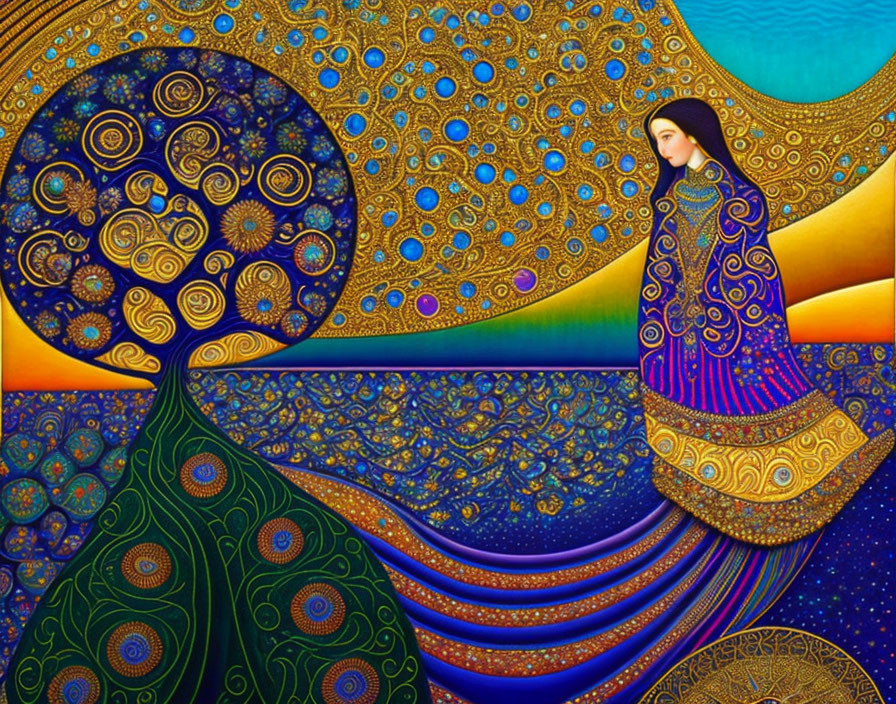 Colorful painting of woman in ornate dress by decorative tree in vibrant background