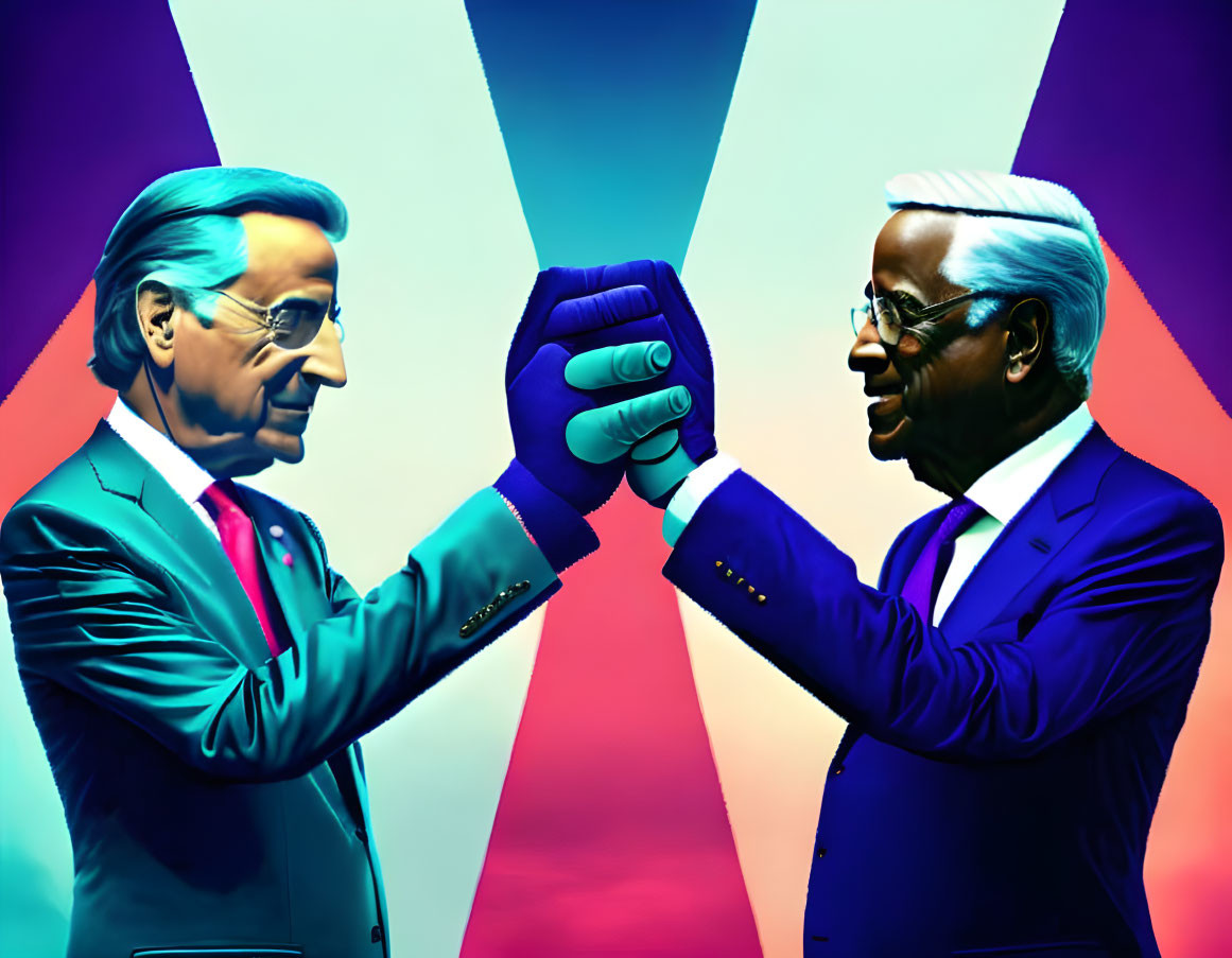 Stylized illustrations of men in suits fist bumping on vibrant split background