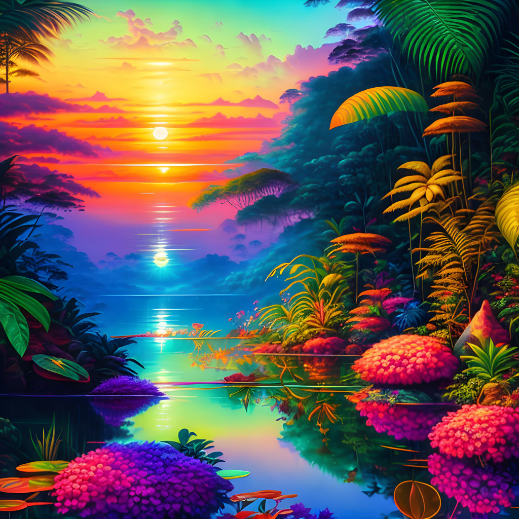 Colorful sunset over calm river with tropical foliage