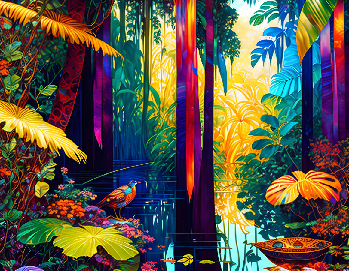 Colorful illustration: Mystical jungle, rainbow waterfalls, diverse flora, bird, ornate boat