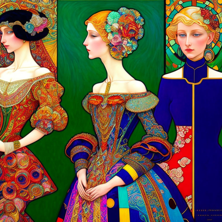 Colorful Art Nouveau Triptych with Elaborate Figures