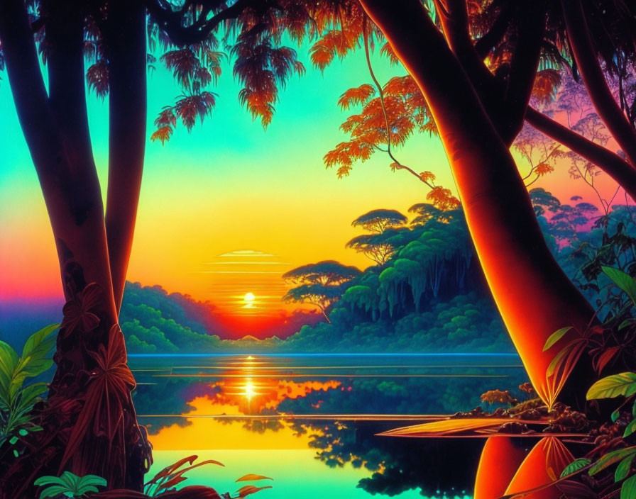 Colorful sunset digital artwork over tranquil river amid lush foliage