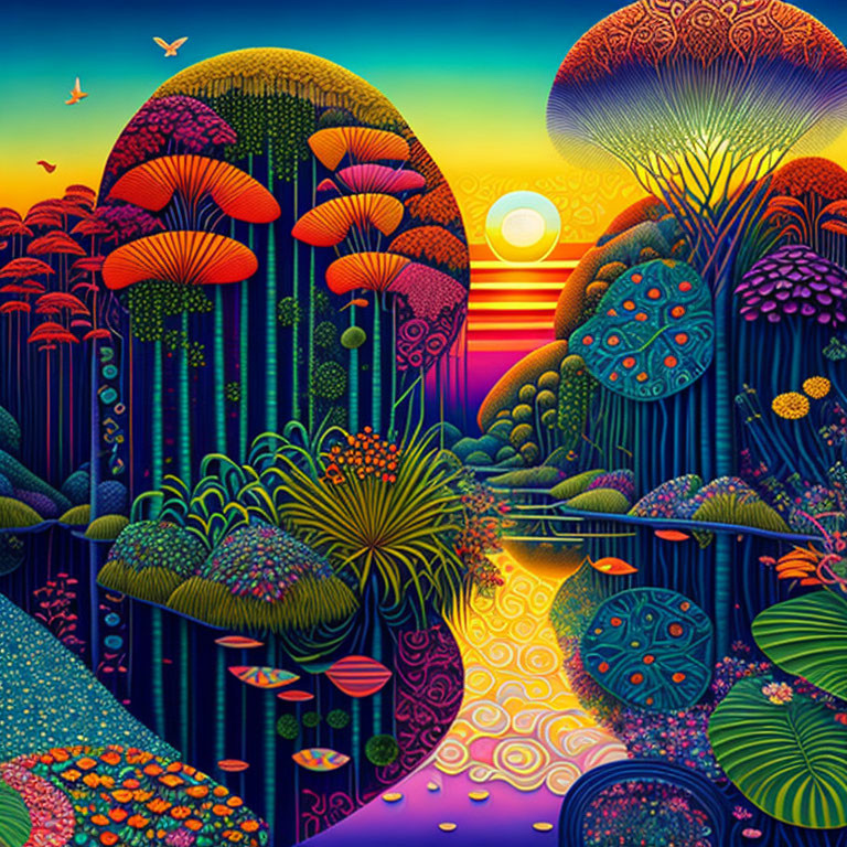 Colorful Psychedelic Fantasy Landscape with Oversized Mushrooms