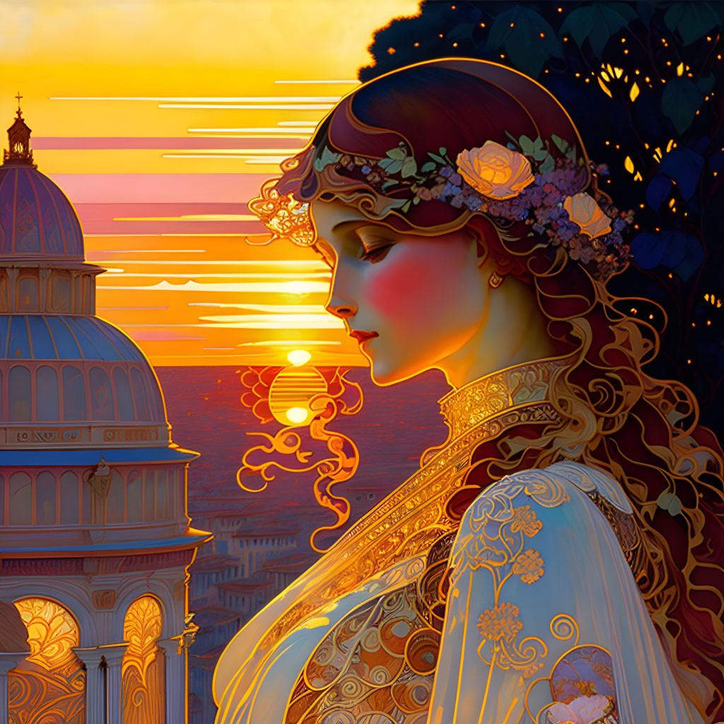 Woman with Long Hair in Decorative Headpiece Against Sunset and Ornate Architecture