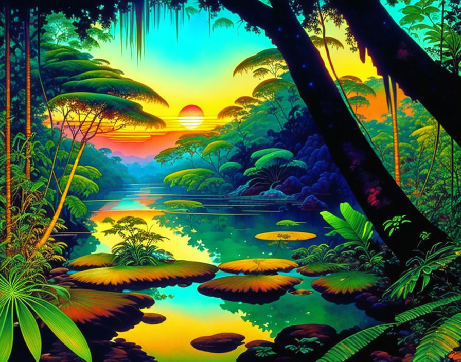 Lush Tropical Jungle with River and Sunset Scenery