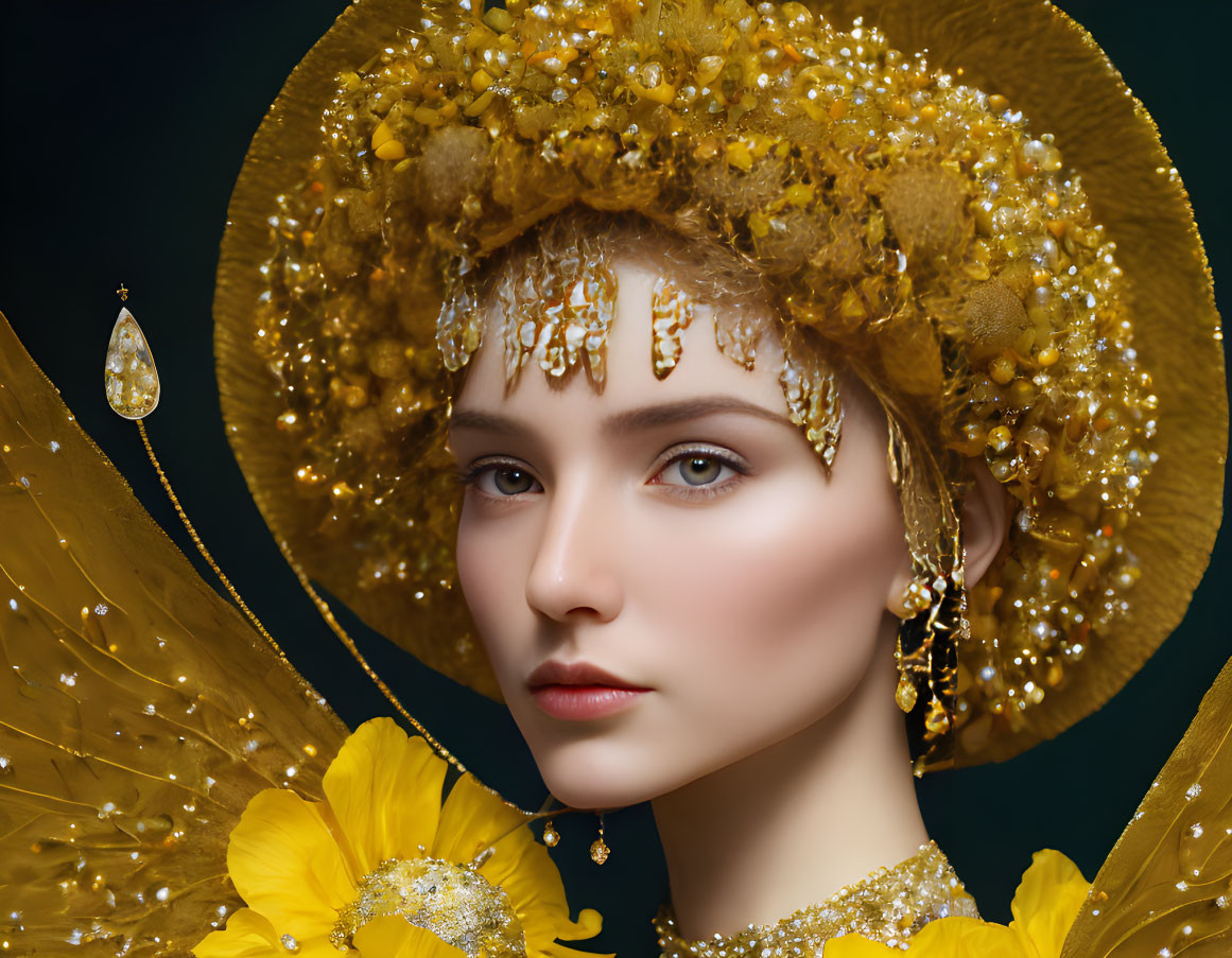 Lavish golden headdress and jewelry on woman in ornate outfit