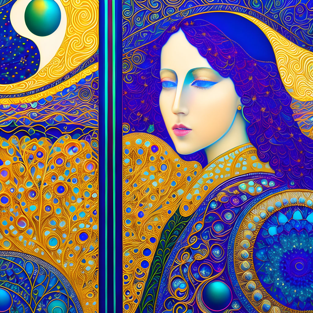 Colorful artwork featuring woman with peacock feather-inspired designs