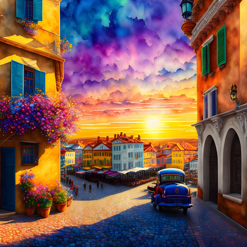 Colorful cobblestone street at sunset with blue car & blooming flowers