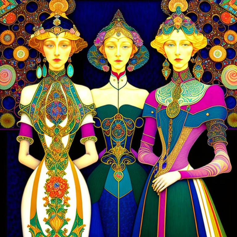 Stylized women in ornate, colorful dresses on blue background