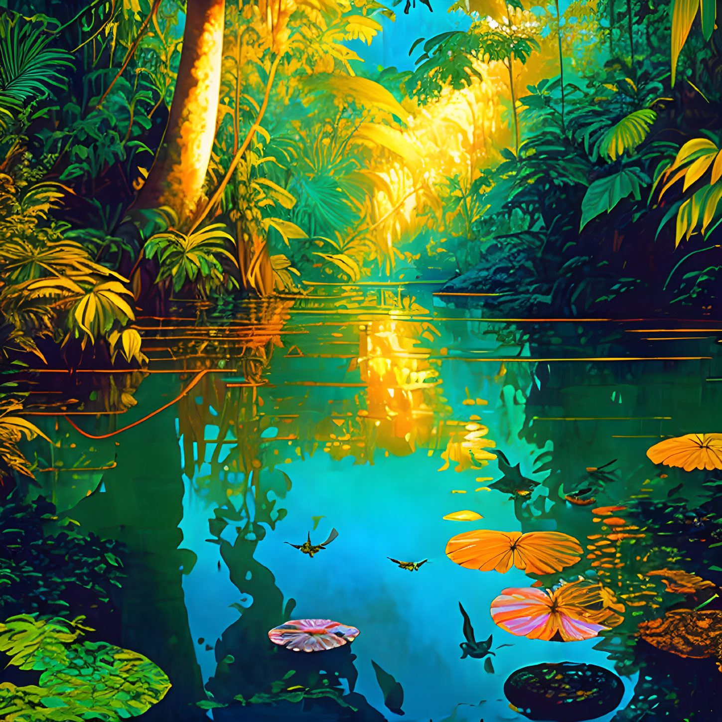 Serene tropical rainforest digital artwork with lush foliage & reflective pond