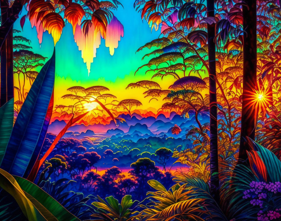 Colorful Tropical Sunset Illustration with Silhouetted Trees