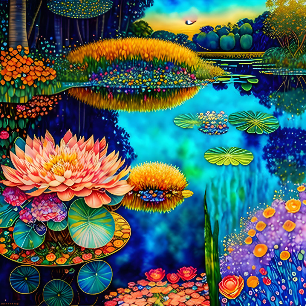 Colorful Fantasy Landscape with Reflective Pond and Twilight Sky