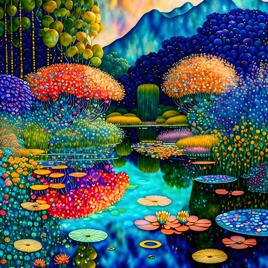 Colorful Flora and Mushroom Structures in Dreamlike Landscape