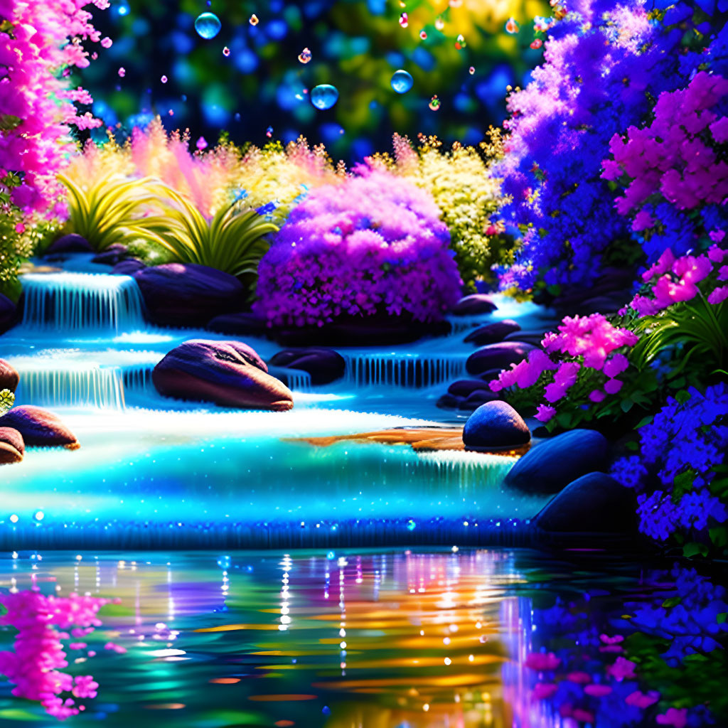 Fantasy garden with glowing waterfalls and luminescent flora