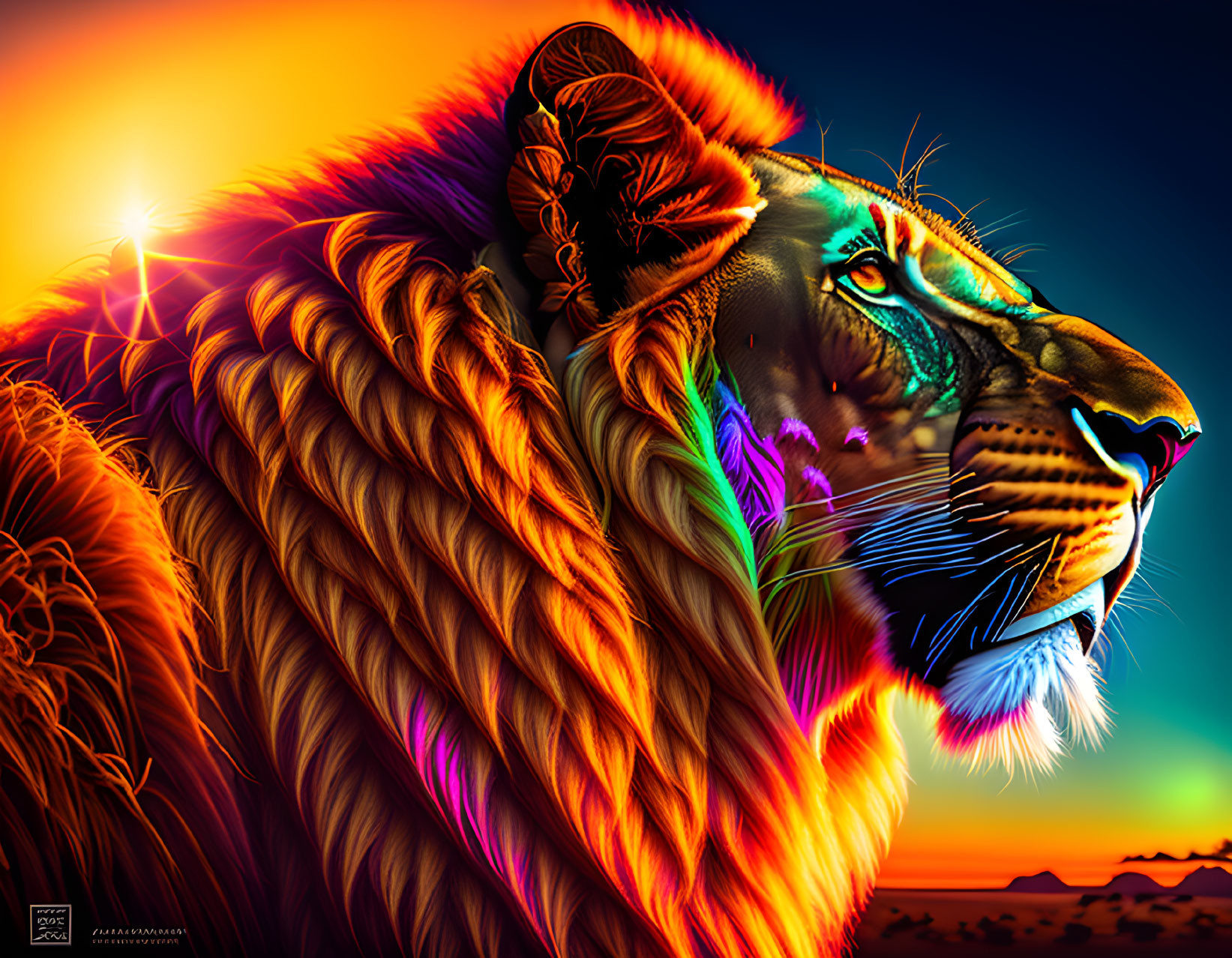 Colorful Lion Portrait with Neon Mane on Sunset Background