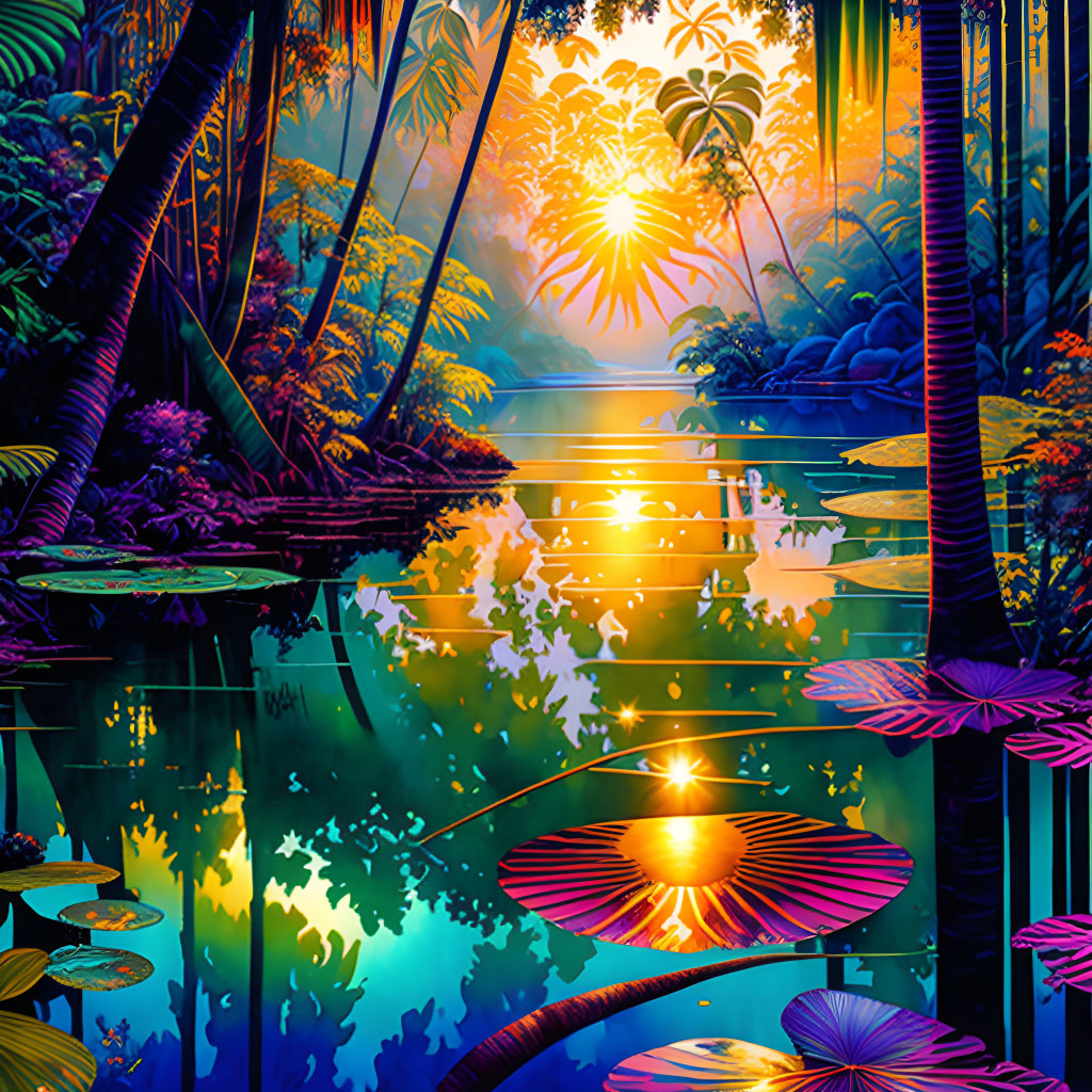 Tropical jungle sunset scene with lush foliage and lily pads