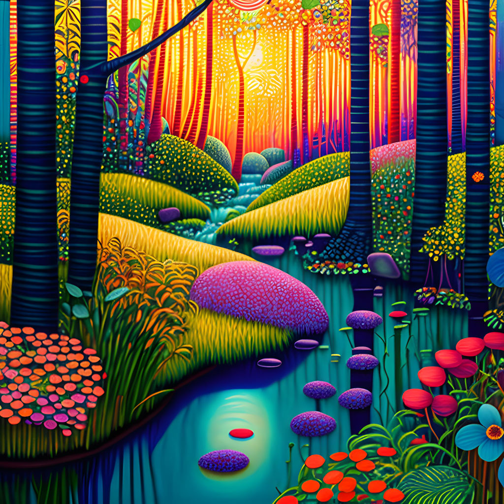 Colorful Fantasy Landscape with River and Sunlit Forest