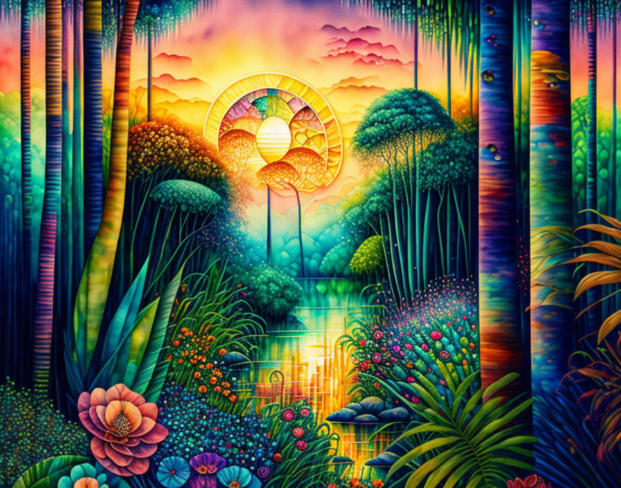 Colorful Fantasy Landscape with Stylized Trees and Glowing Waterfall