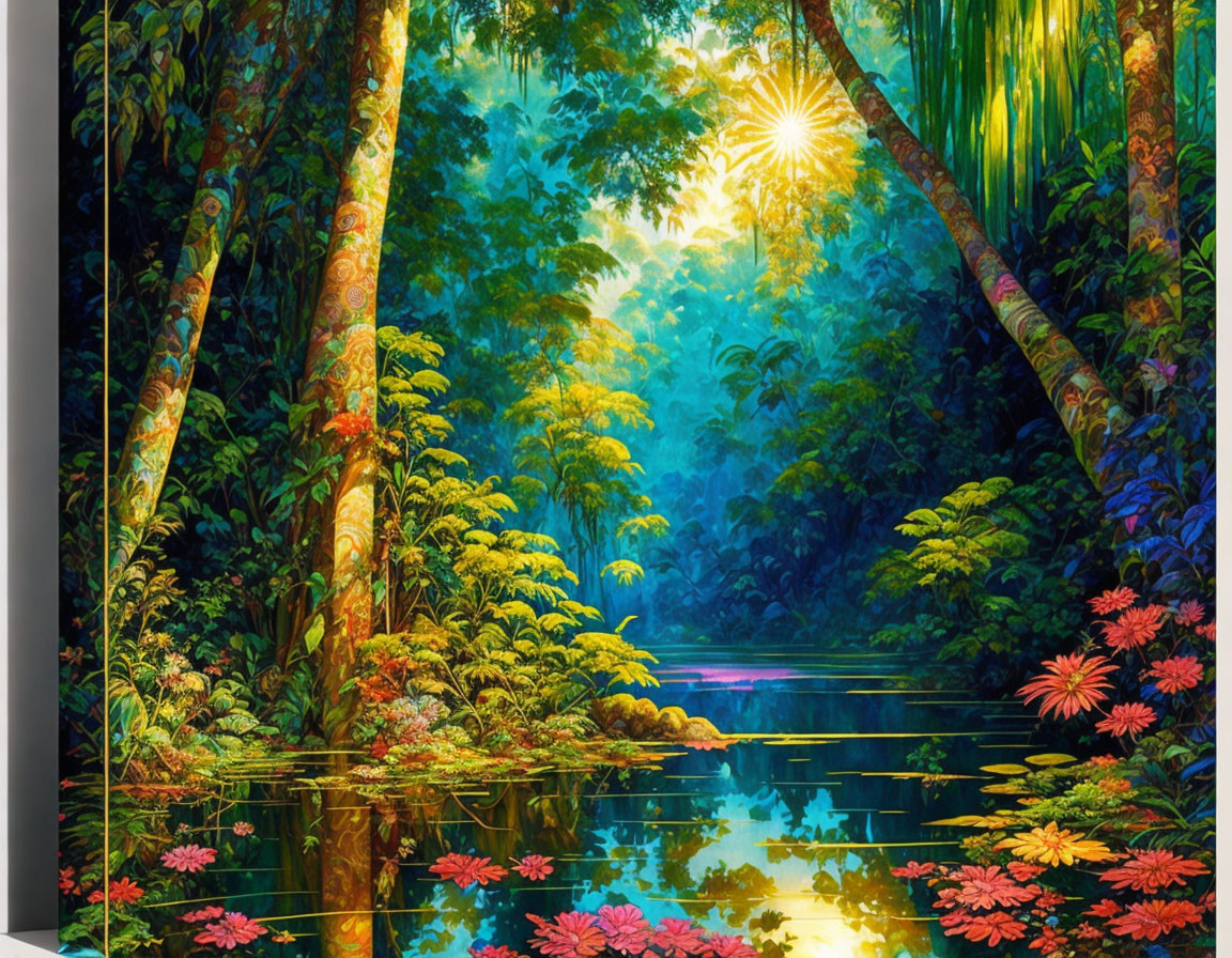 Lush forest scene with sun rays, river, flowers.