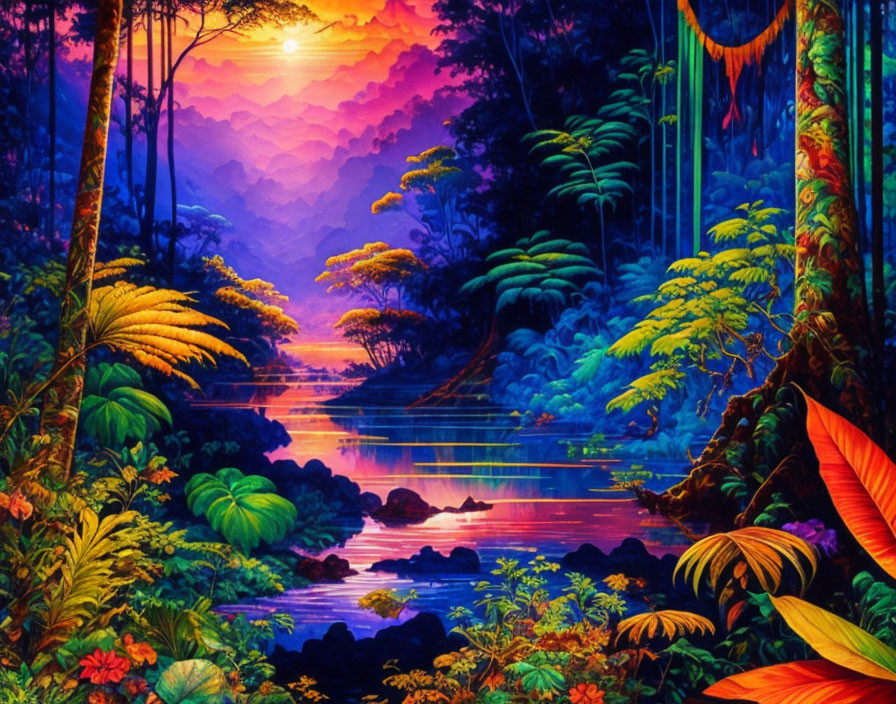 Vibrant Tropical Jungle Illustration with River at Sunset