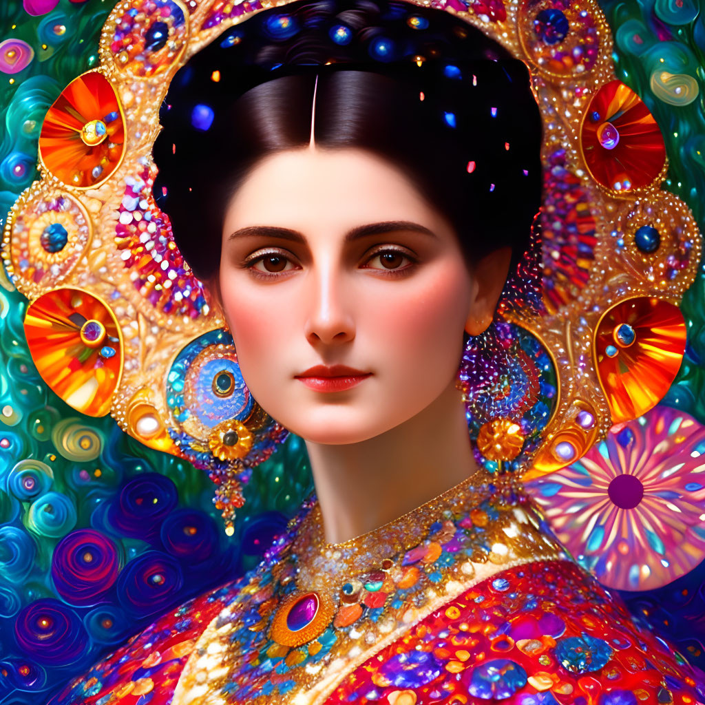 Colorful digital portrait of a woman with intricate patterns and jewels in ornate setting.