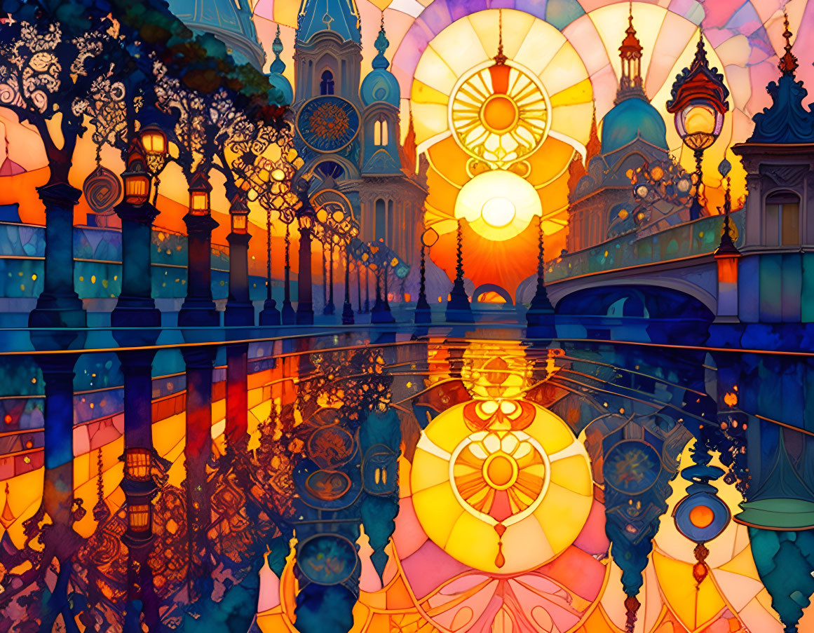 Colorful sunset illustration with ornate buildings and mirrored architecture.