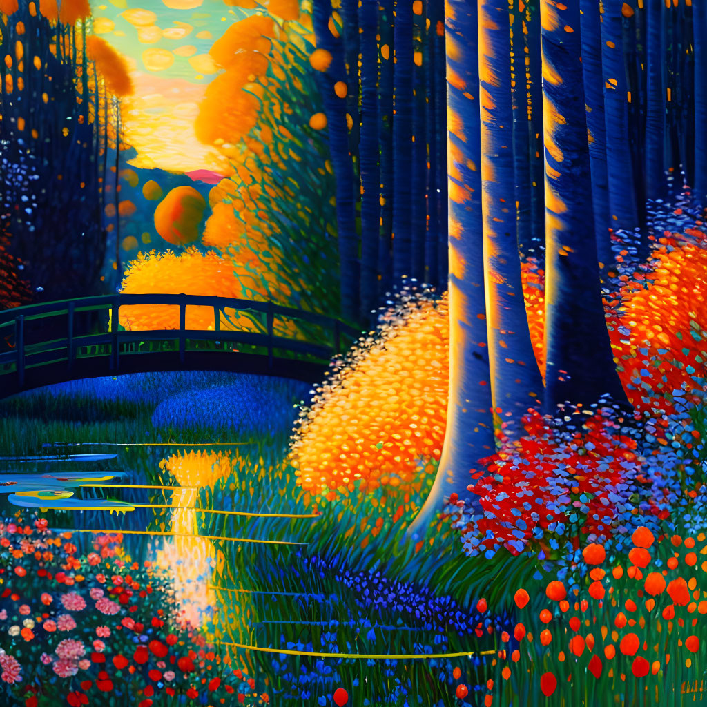 Colorful forest painting: sunset, bridge, stream, flowers, tall trees.