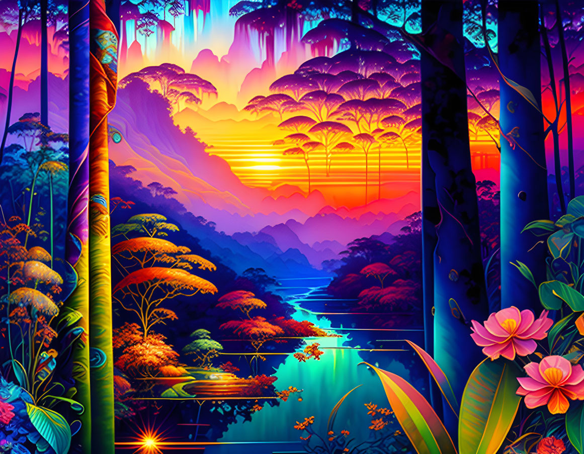 Colorful digital artwork: Jungle river at sunset with neon colors