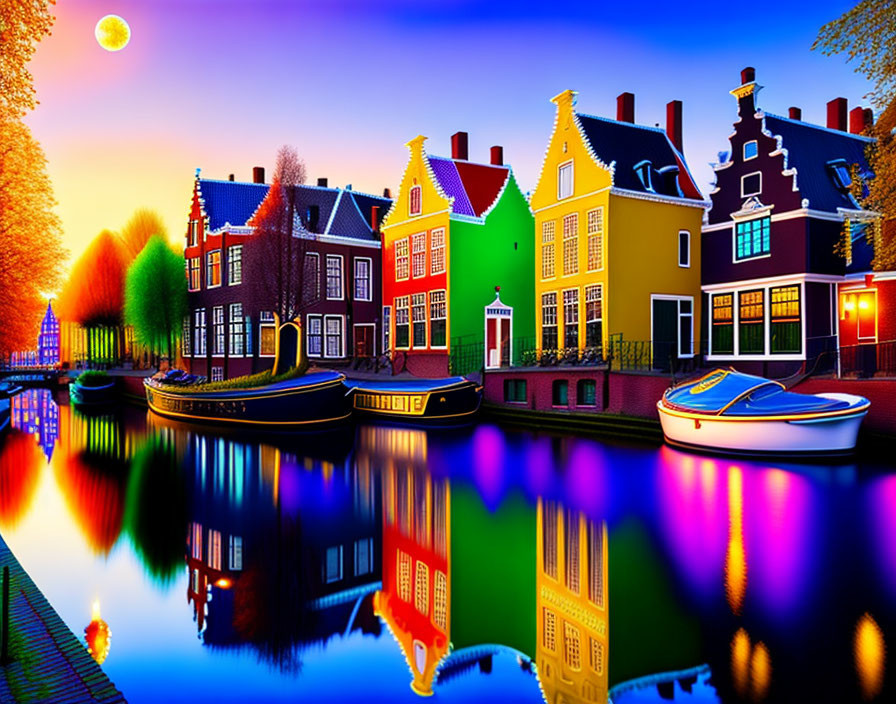 Vibrant Dutch houses by calm canal at twilight with sunset reflections and moored boats