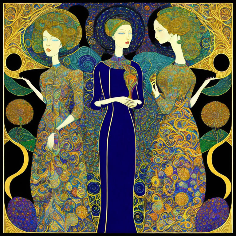 Stylized women with ornate gold and blue art nouveau patterns