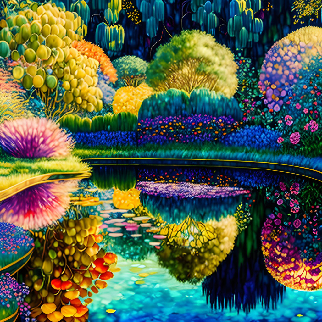 Colorful Garden with Variety of Plants and Flowers Reflected in Tranquil Pond