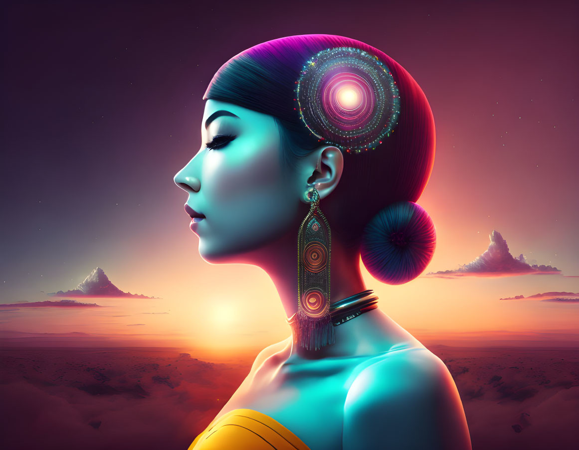 Colorful Hair and Geometric Earrings on Woman Profile Against Surreal Sunset