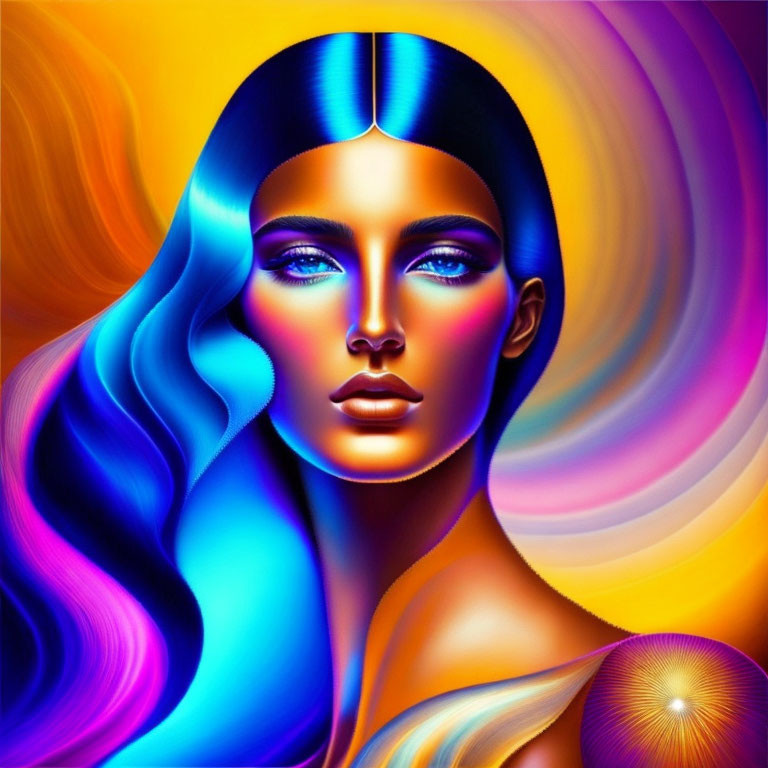 Colorful digital artwork: Woman with multicolored skin and hair against swirling neon background with golden orb