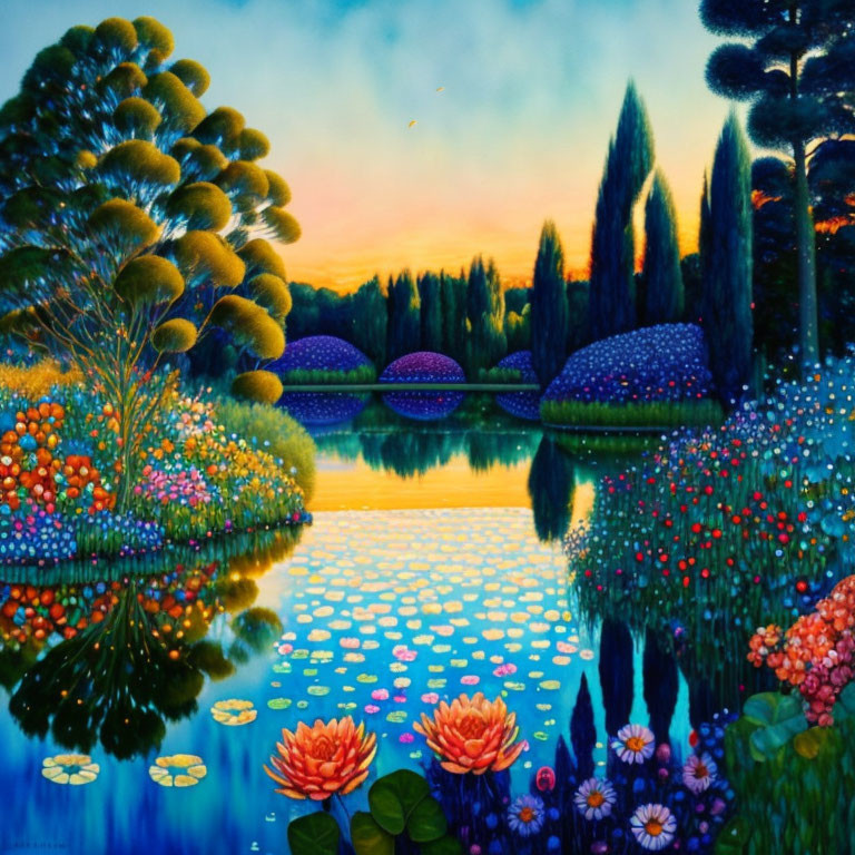 Vibrant, Colorful Landscape Painting with Flowers, Trees, River, and Bridge