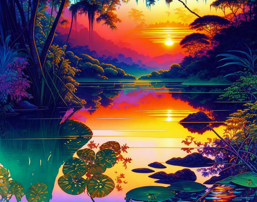 Serene jungle river digital artwork at sunset