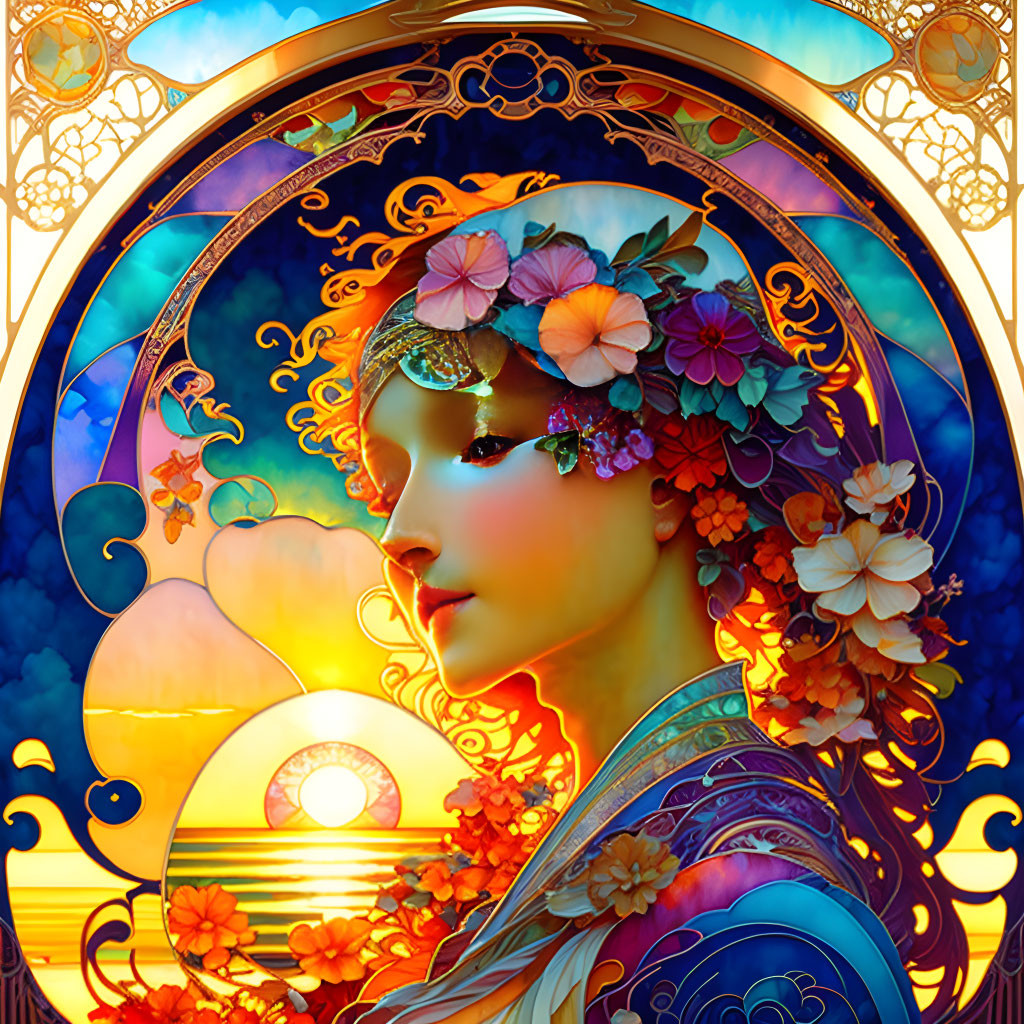 Colorful Floral Headpiece Woman Illustration in Ornate Circle Frame