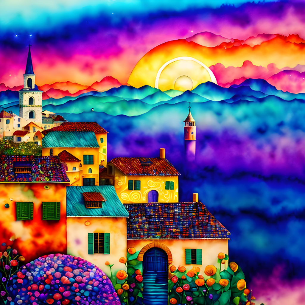 Colorful Village Painting: Whimsical Scene Under Sunset Sky