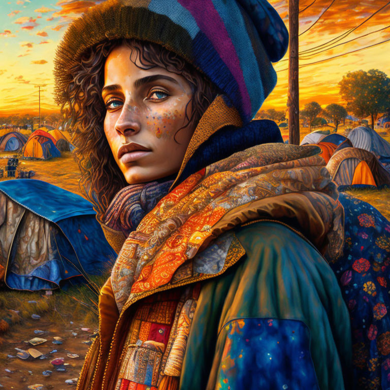 Curly-haired woman in colorful beanie and layered clothes gazes under sunset sky.