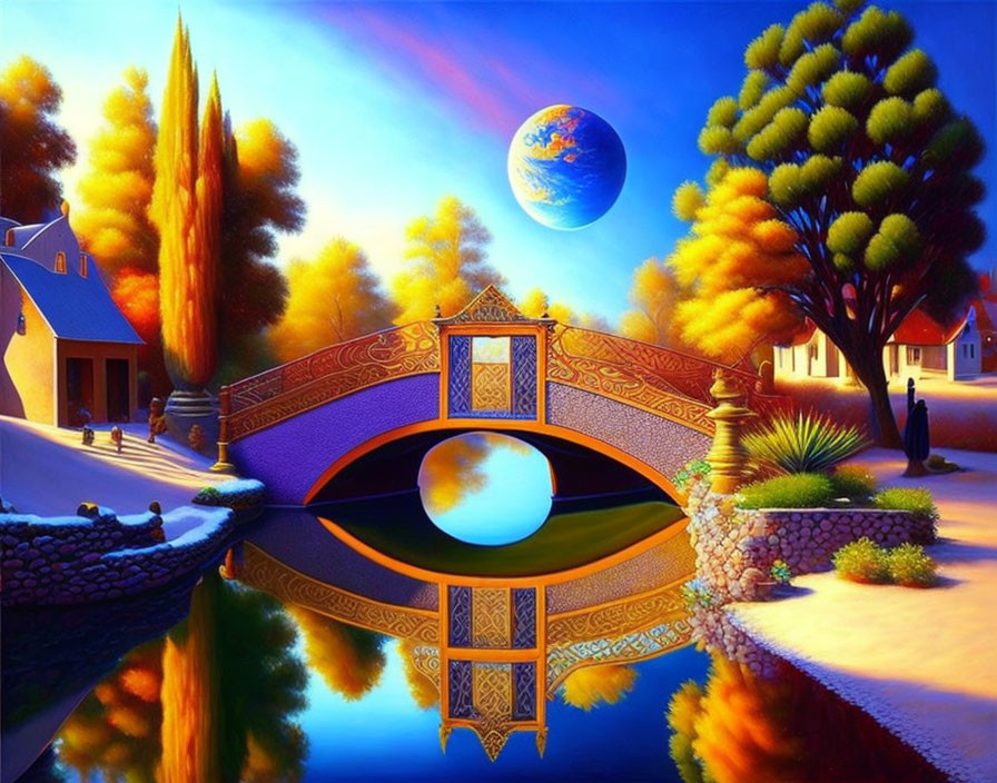 Surreal landscape with stone bridge, colorful trees, houses, & large planet